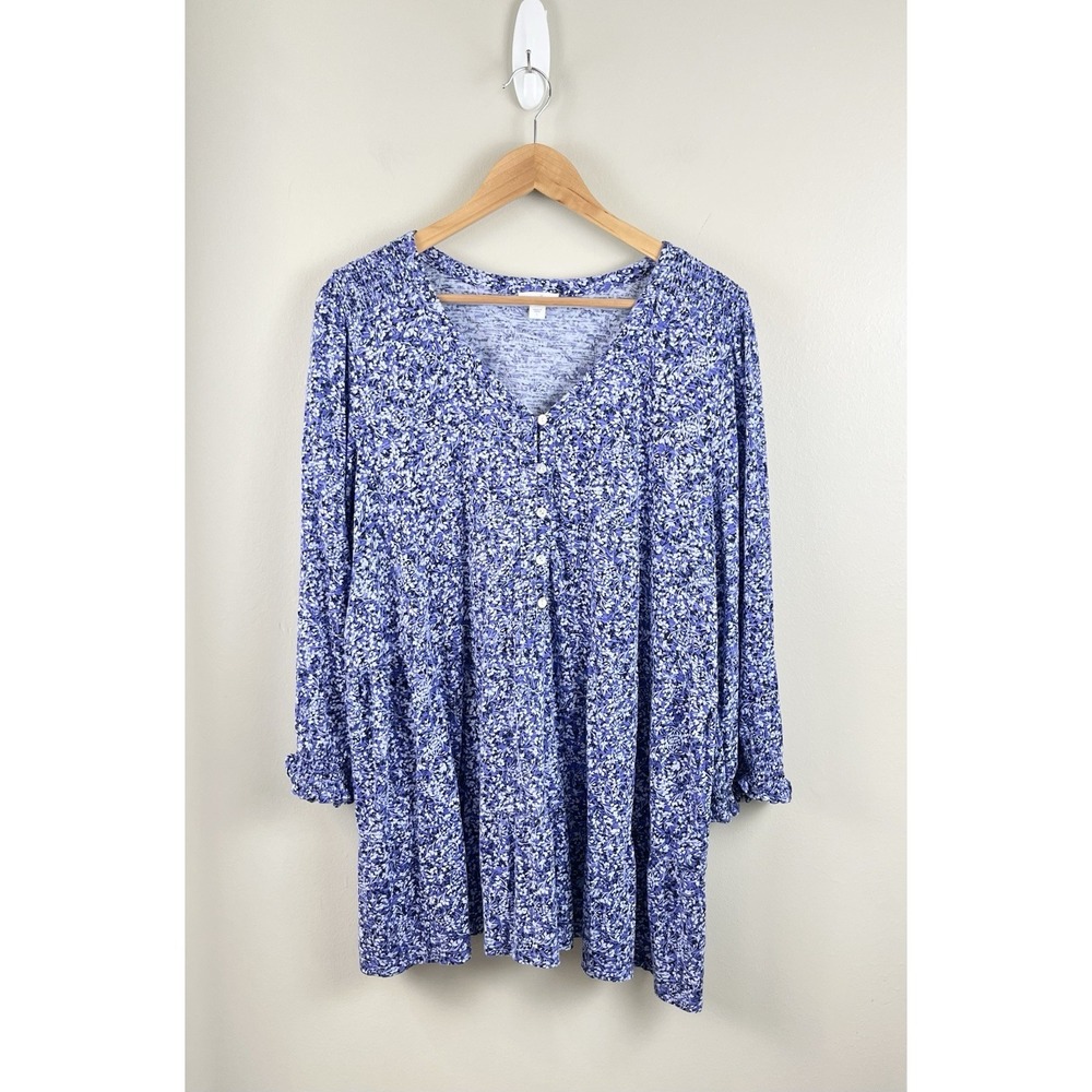 J Jill Blue Floral Button Front Tunic Top Blouse Cotton Tencel Sz Lg